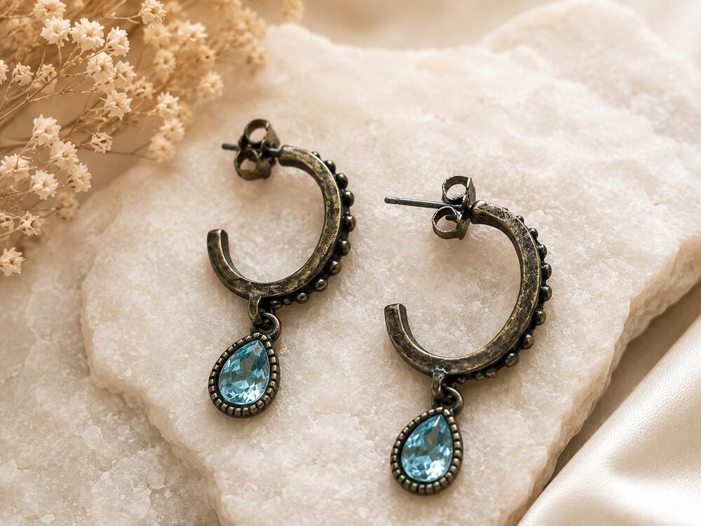 NINA RICCI "NR" AVON HALF HOOP AQUA BLUE DROP PIERCED EARRINGS-RARE-1.5" LENGTH